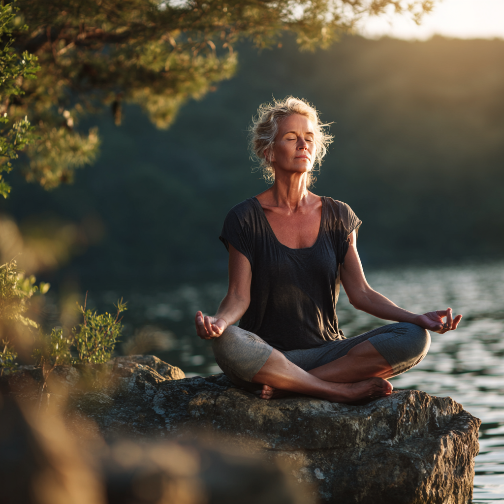 Middle-aged woman practicing yoga meditation in serene natural environment